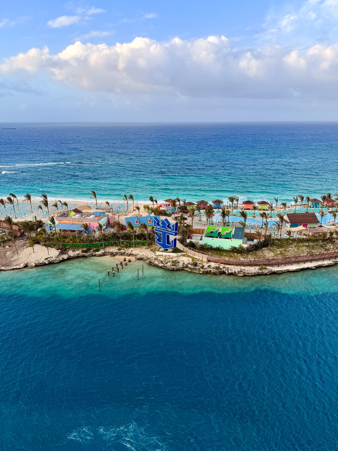 Aerial view of CocoCay and the turquoise Caribbean Sea